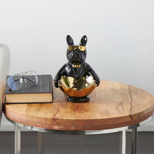 8" Black Ceramic Bulldog Sculpture with Gold Accents